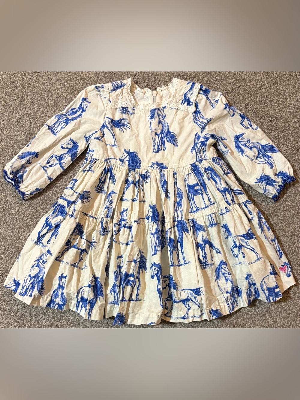 Pink Chicken Cream Dress with Blue Horse Print - Kids Formal